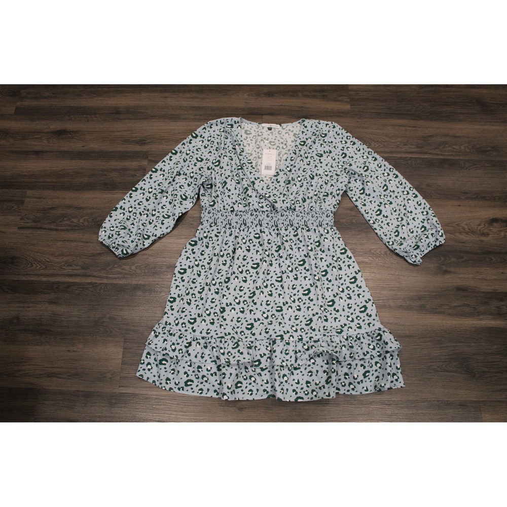 Michelle McDowell XXL Dress Blue Green‎ Animal Print Long Sleeve Ruffle